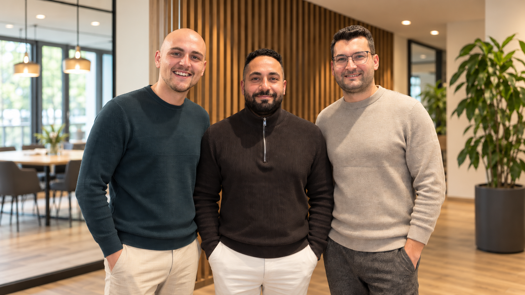 Die drei Partner Deniz, Nick und Miguel stehen lächelnd nebeneinander im Büro von Tommy's & Mendan
